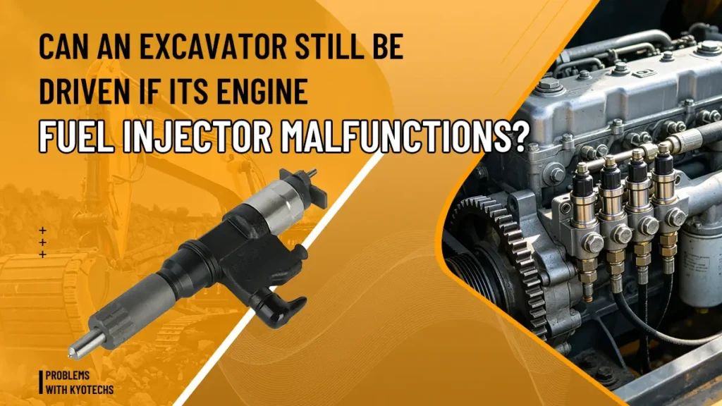 Graphic from Kyotechs' official blog showing a diesel fuel injector and an engine injector rail, titled about excavator fuel injector malfunctions