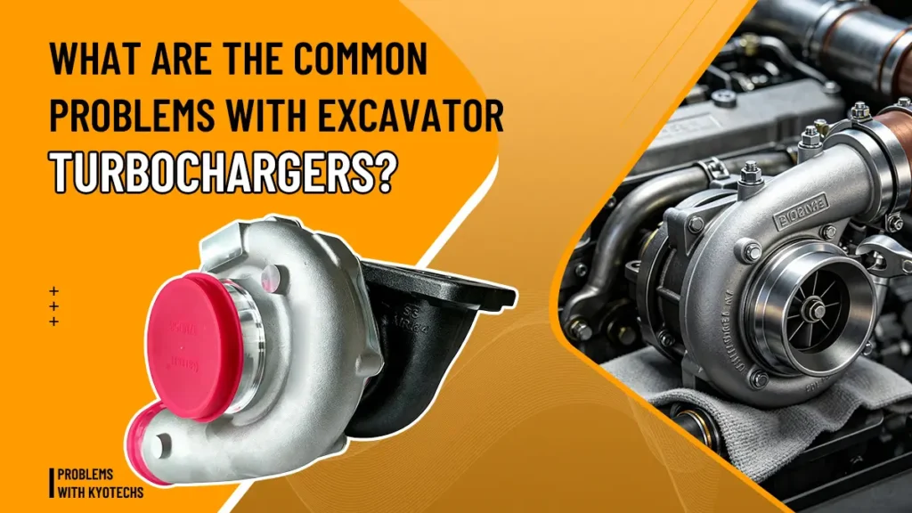 Graphic from Kyotechs' official blog showing a turbocharger unit and a turbocharger fitted to an engine, titled about common excavator turbocharger problems